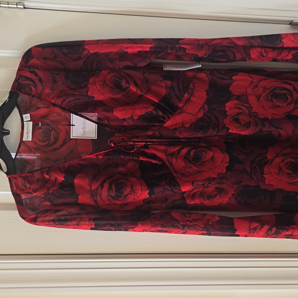 PREMIER ARMOUR BRAND WOMEN'S PLUS SHEER RED AND BLACK LONG FLORAL DRESS SIZE 14